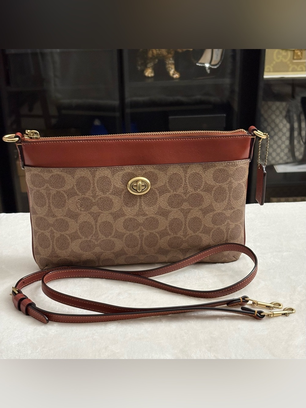 Coach Signature Tan Coated Canvas W/Rust Color smooth Leather Crossbody/Clutch.